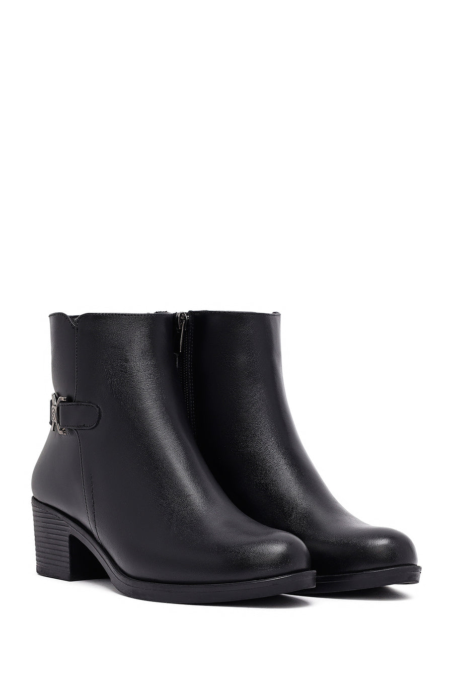 Woman Black Zip Closure Thick-Heeled Leather Boots