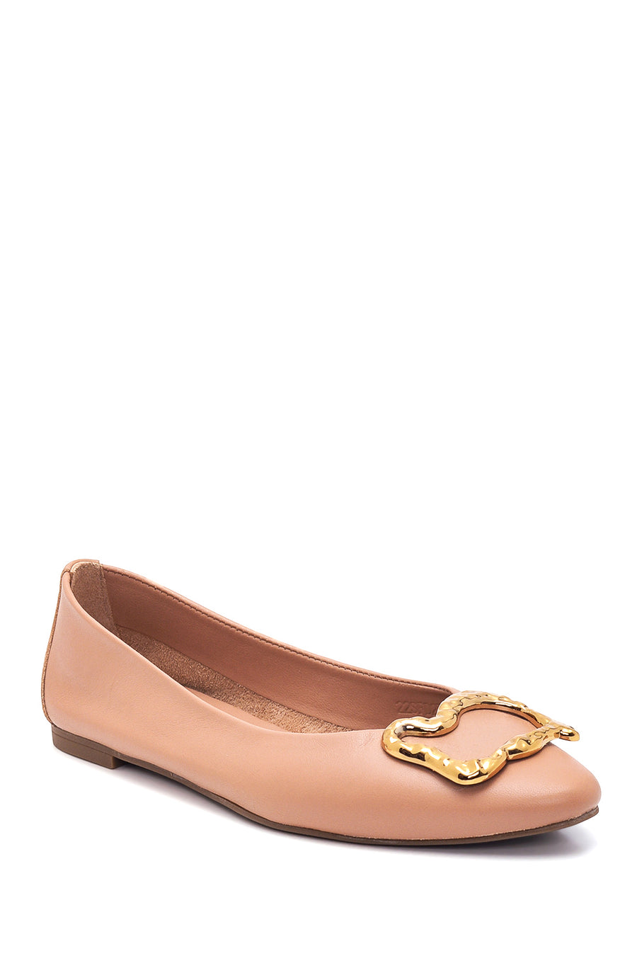 Women's Beige Leather Buckled Ballerinas