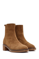 Woman Brown Zippered Chunky Heel Suede Leather Boat | Derimod