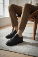 Erkek Siyah Bağcıklı Deri Casual Sneaker | Derimod