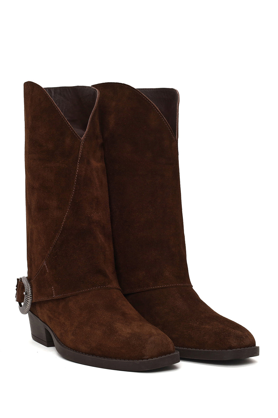 Woman Brown Buckled Short Thick-Heeled Suede Boots