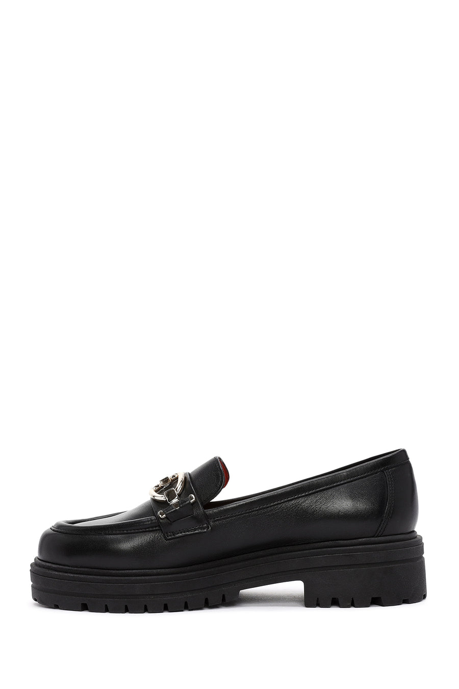 Derimod Gritti Woman Black Buckle-Detail Leather Masculine Loafer