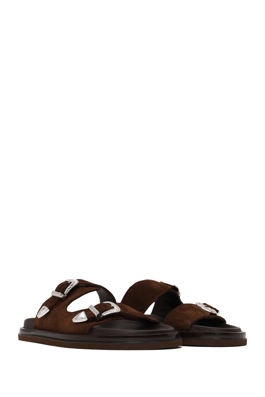 Woman Brown Double-Buckle Suede Slipper