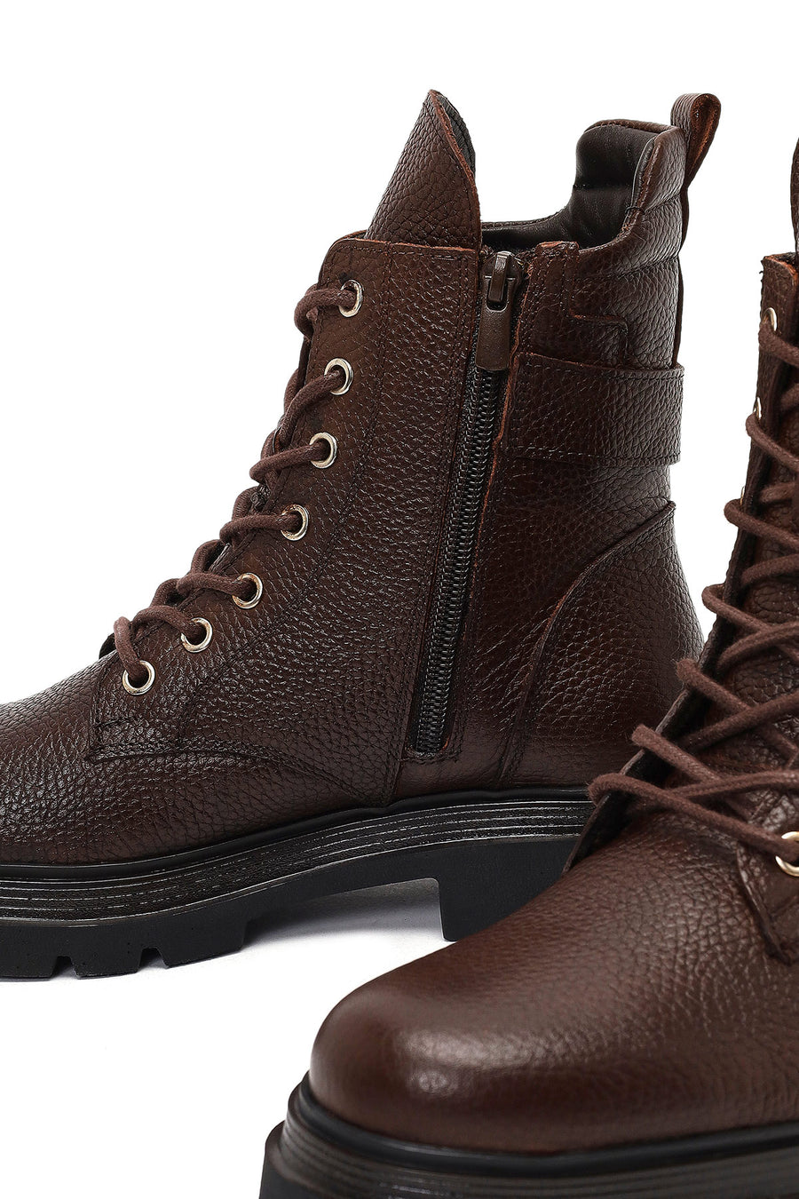 Women's Brown Lace-Up Zipper Leather Ankle Boots