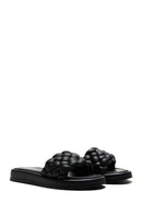 Women's Black Leather Braided Comfort Slippers | Derimod
