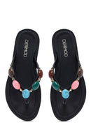 Women's Black Flip Flops with Stones | Derimod