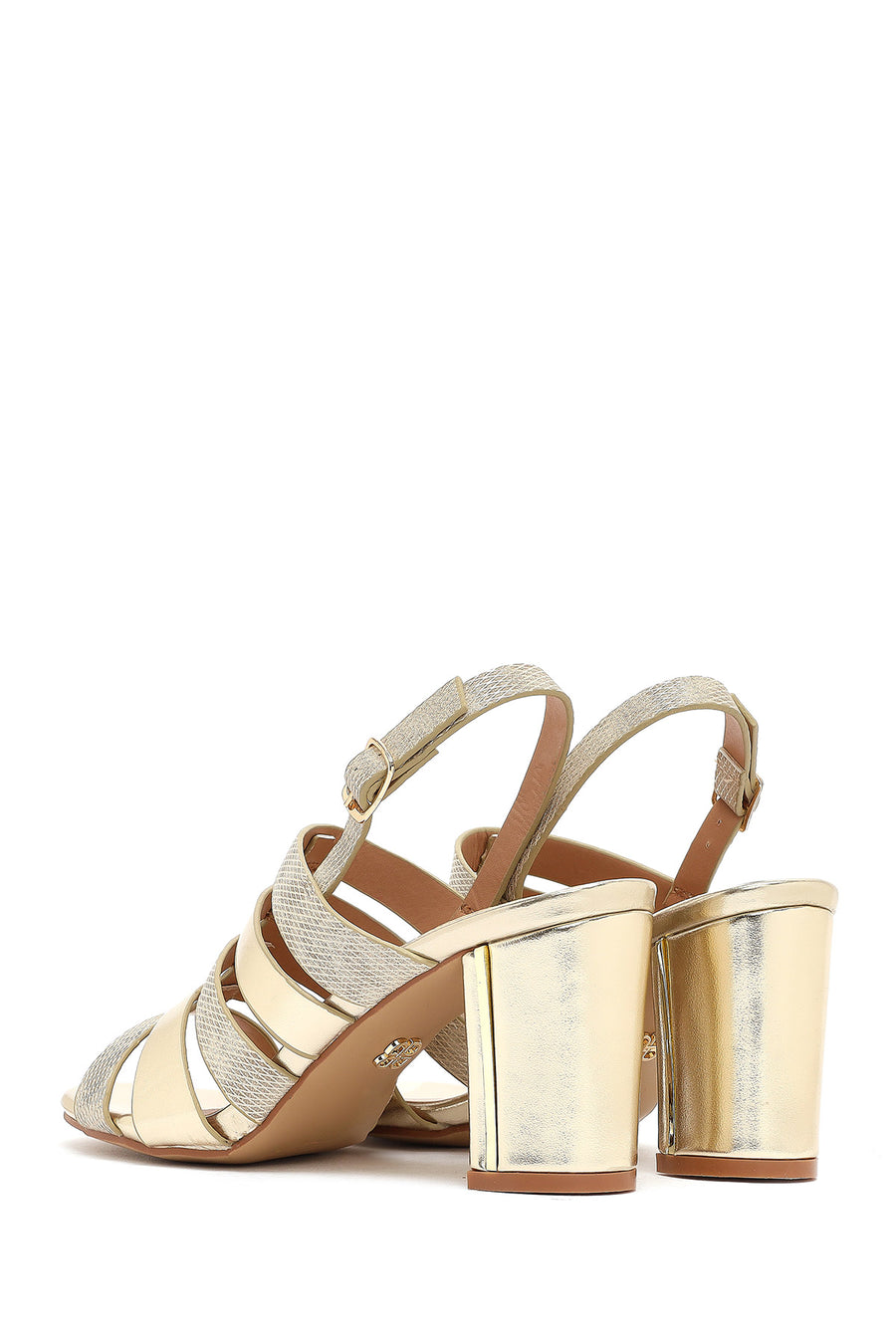 Women's Gold Ankle Buckle Chunky Heel Metallic Sandals