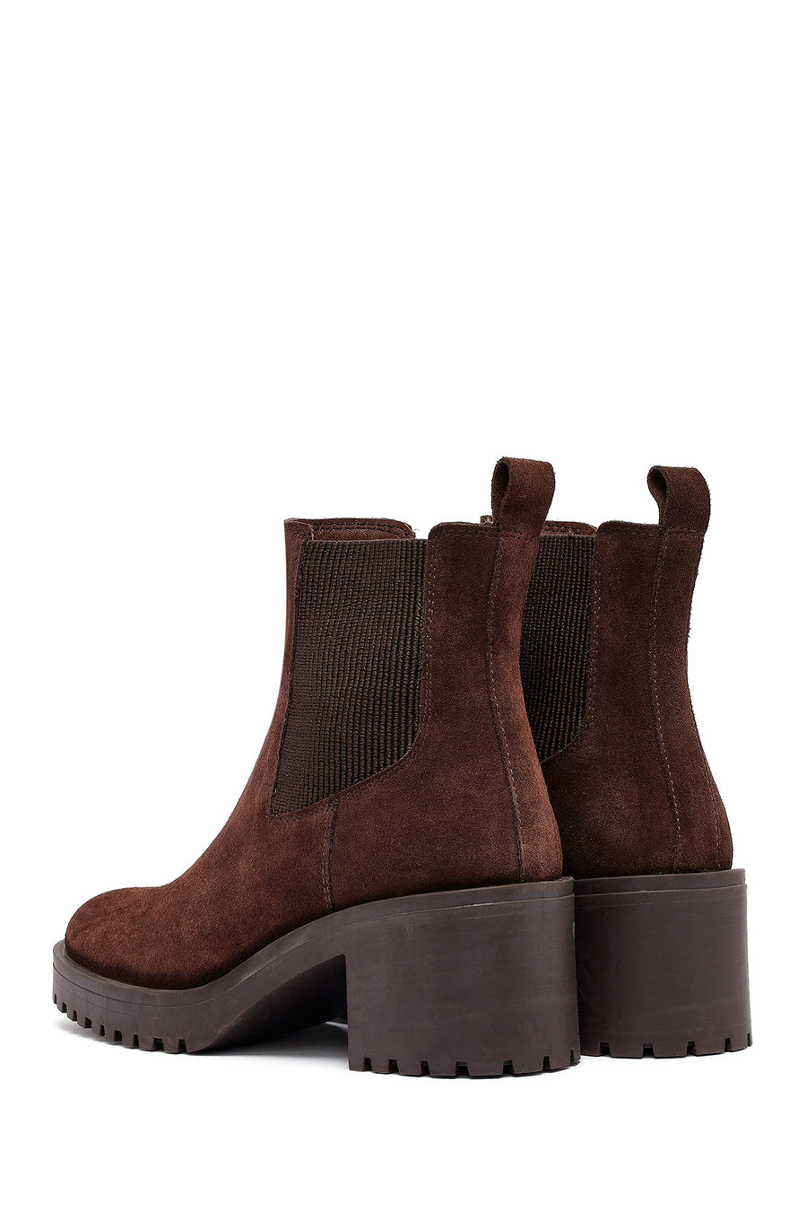Woman Brown Chunky Heel Suede Leather Chelsea Boots
