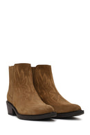 Woman Tan Short Thick-Heeled Embroidered Suede Cowboy Boots | Derimod