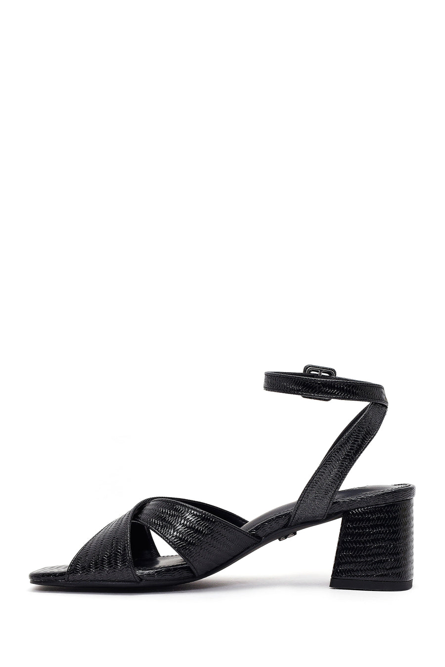 Woman Black Ankle-Buckle Printed Block-Heel Sandals