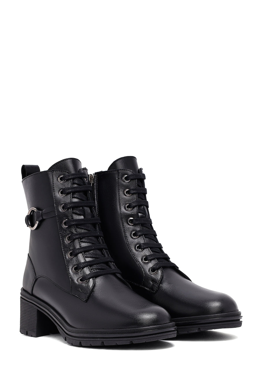 Woman Black Zippered Chunky Heels Leather Boat