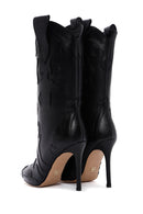 Woman Black Patterned Thin-Heeled Leather Boots | Derimod