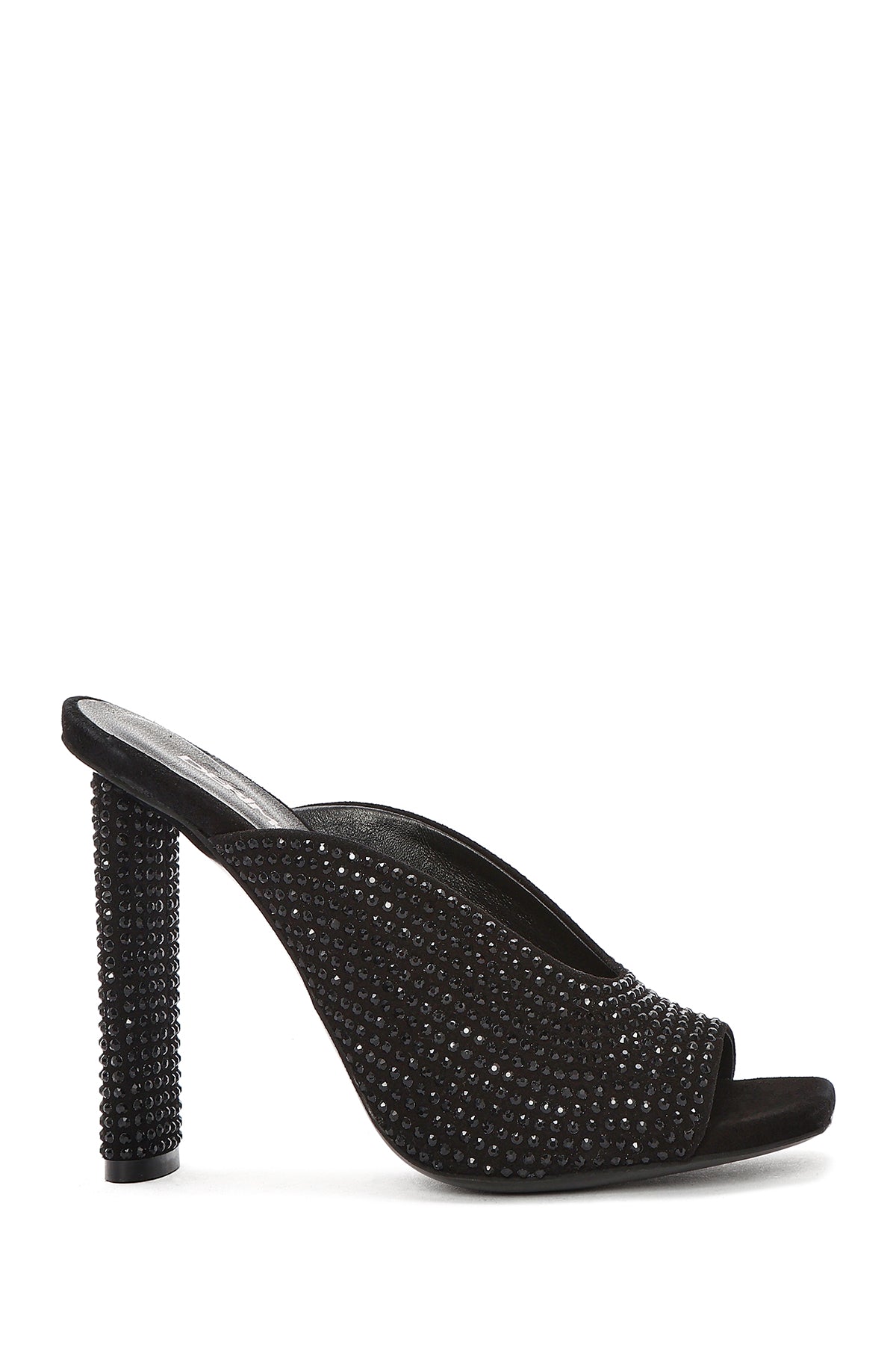Women's Black Thick High Heeled Stoned Leather Slippers 24WFD1229TS | Derimod