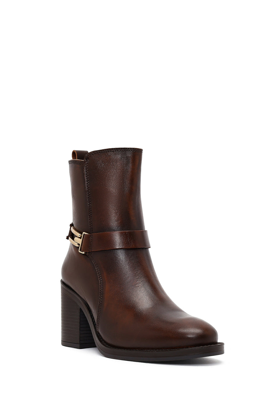 Women's Brown Buckle Chunky Heel Leather Boots