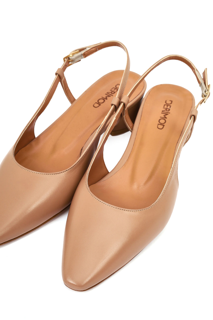 Women's Beige Open Back Short Chunky Heel Leather Ballet Flats