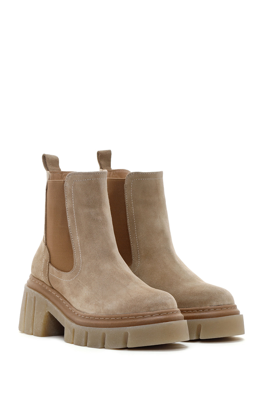 Women's Beige Thick Soled Casual Chelsea Suede Leather Boots