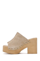 Women's Beige High Thick Heel Suede Leather Slippers | Derimod