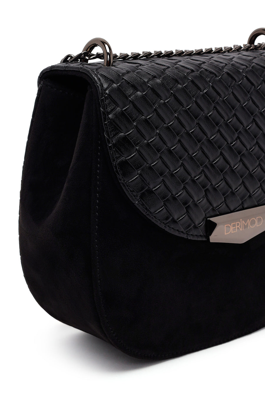 Woman Black Chain Long-Strap Braided Crossbody Bag