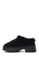 Woman Black Thick-soled Embellished Suede Leather Teddy Slipper | Derimod