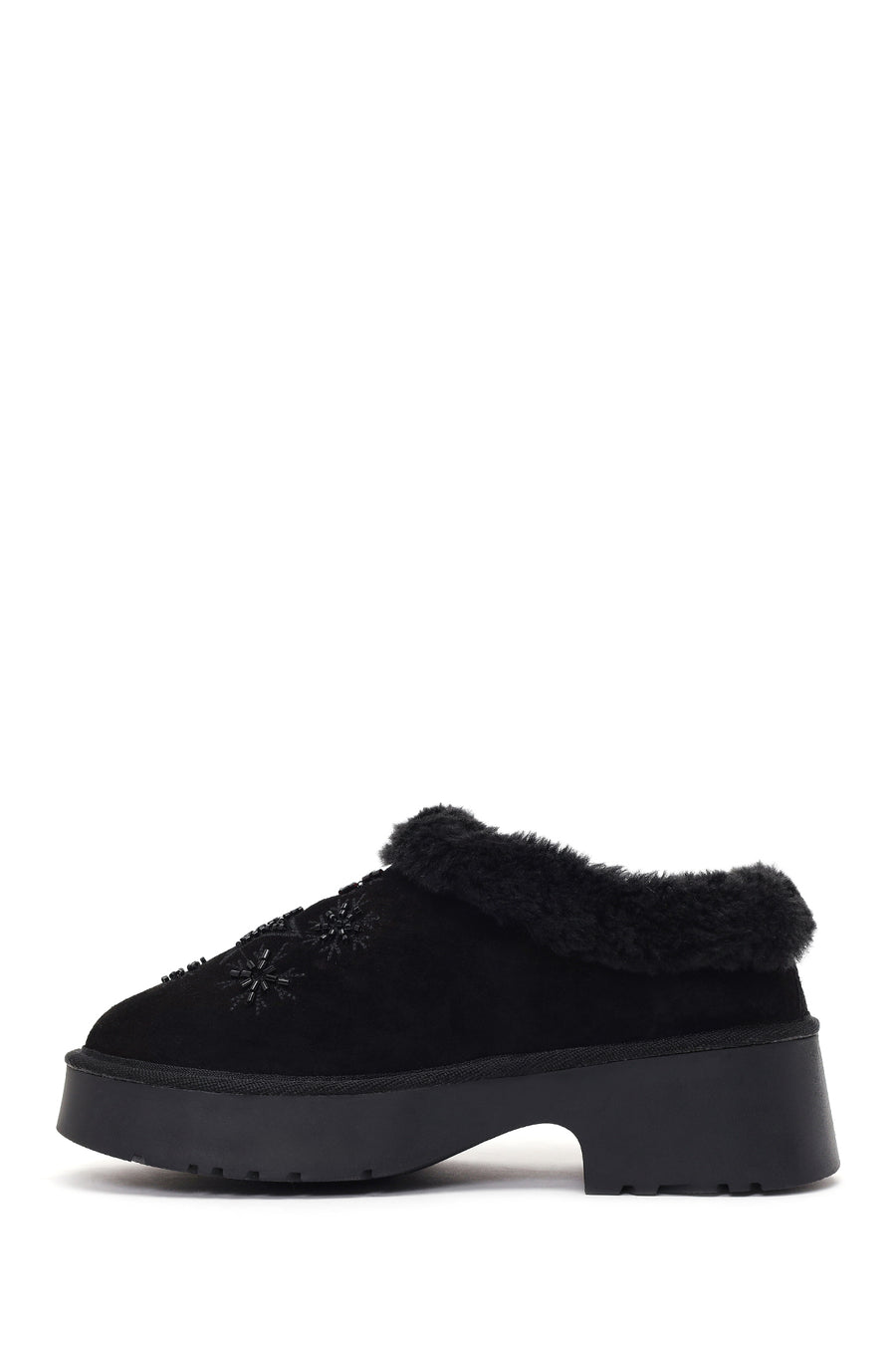 Woman Black Thick-soled Embellished Suede Leather Teddy Slipper