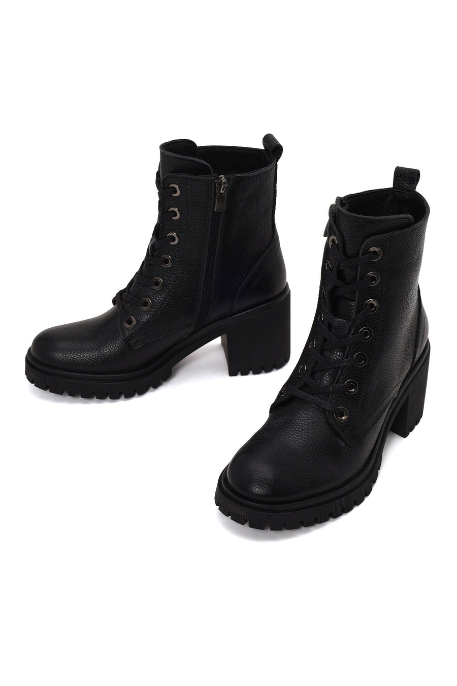 Woman Black Zip Closure Chunky Heeled Leather Combat Boots