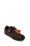 Woman Brown Lace-Up Leopard Leather Sneaker with Charm | Derimod