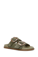 Women's Green Double Buckled Suede Leather Slippers | Derimod