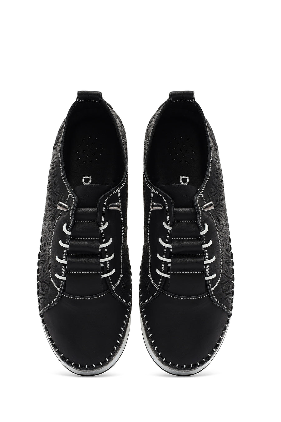Women's Black Thick-Soled Patterned Leather Comfort Shoes
