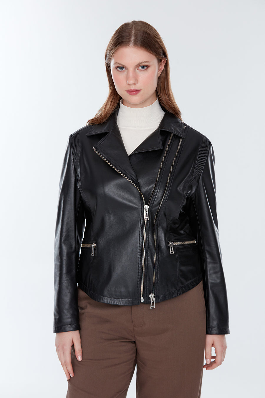 Stefania (Plus) Women's Black Biker Leather Coat