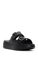Women's Black Thick Sole Buckle Leather Slippers | Derimod