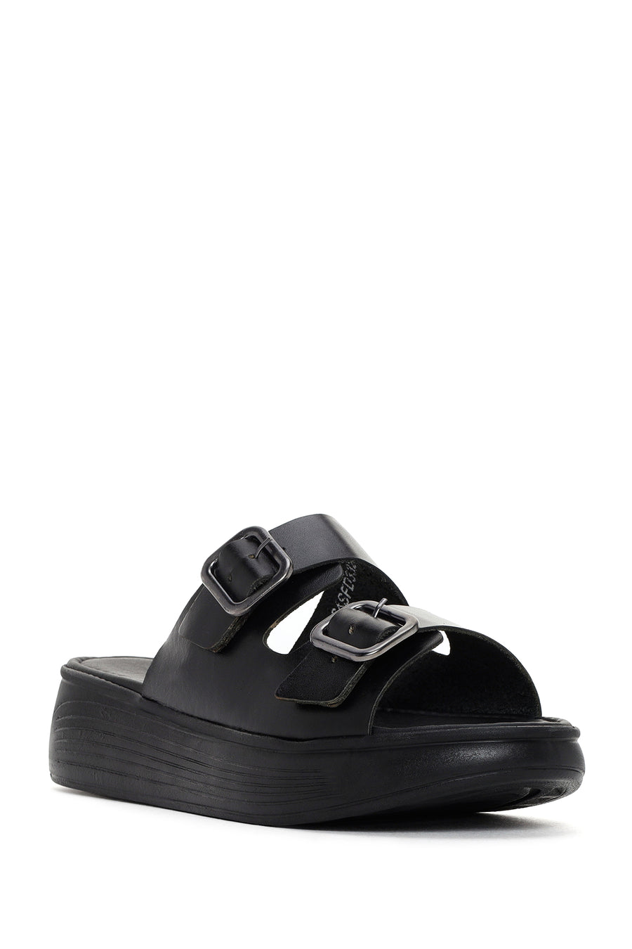 Women's Black Thick Sole Buckle Leather Slippers
