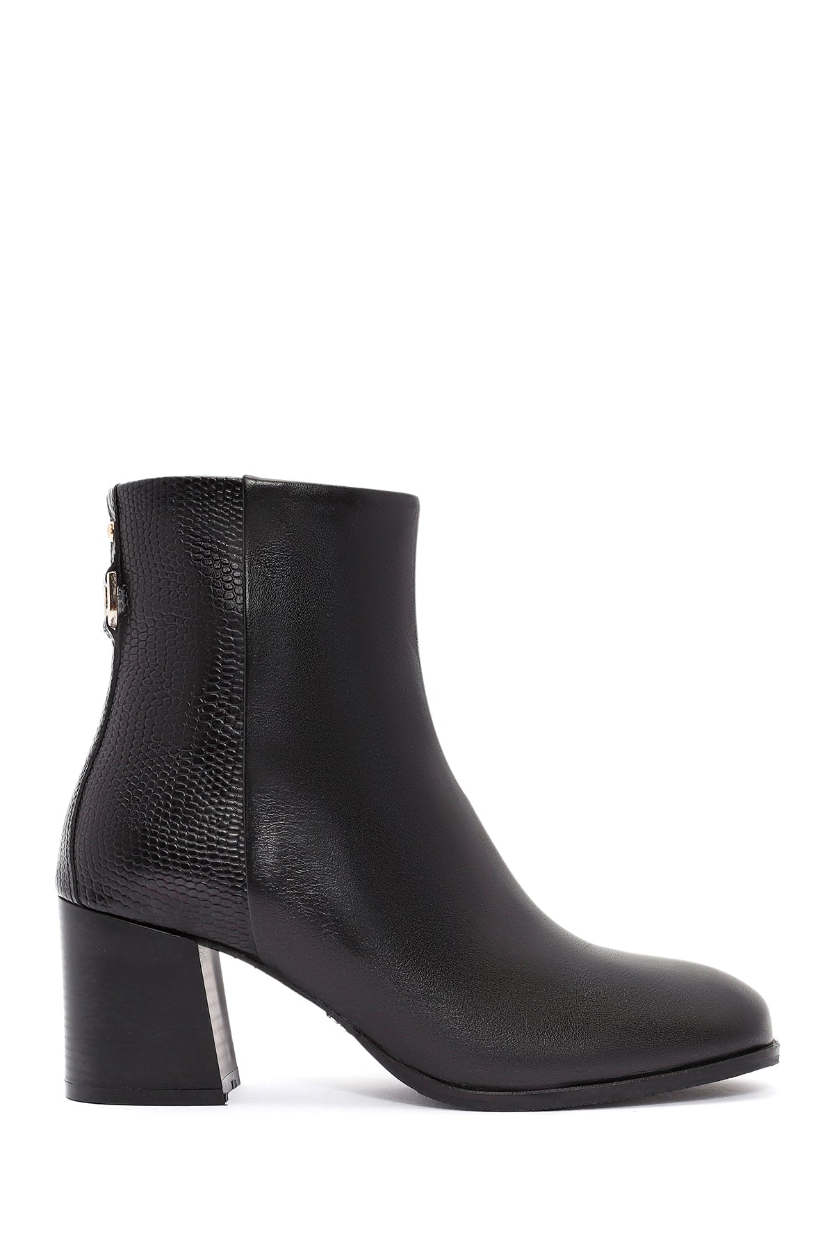 Women's Black Zippered Thick Heeled Leather Boots 24WFD163114 | Derimod