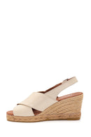 Women's Beige Leather Wedge Heel Espadrille | Derimod