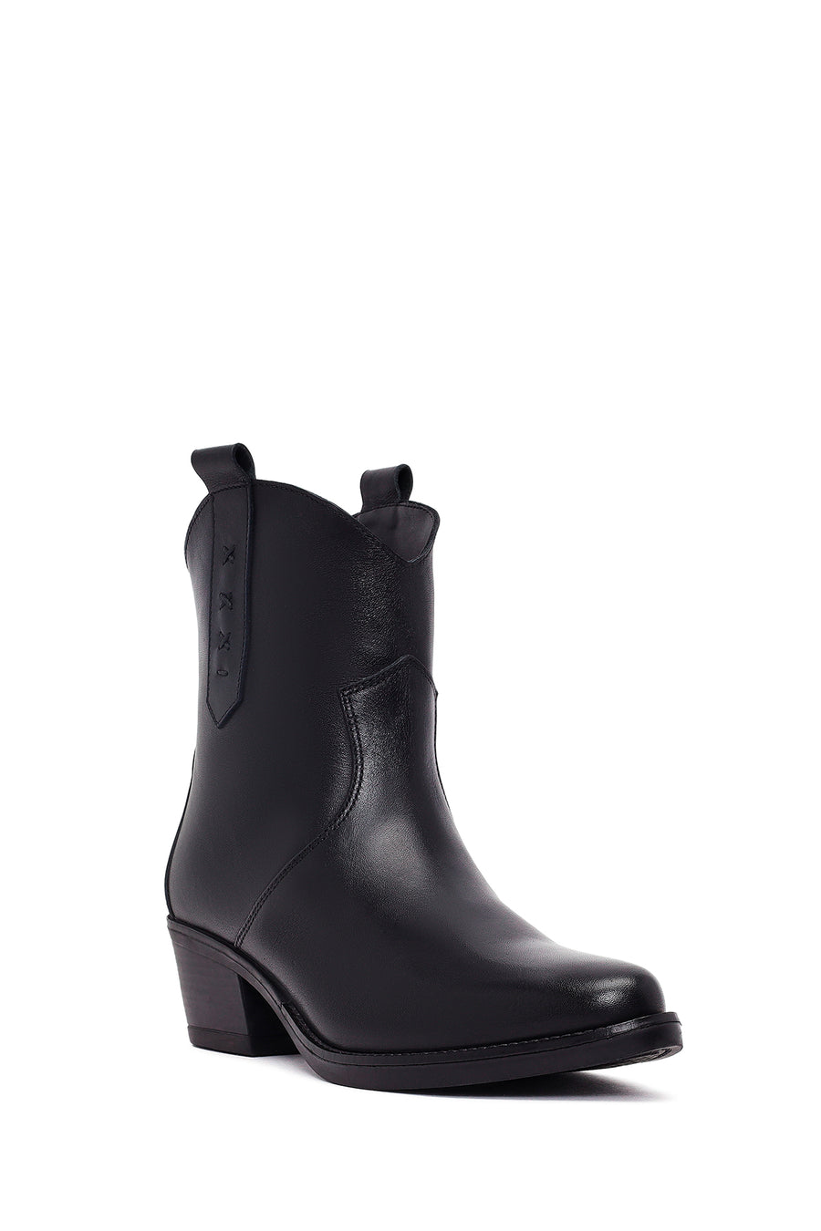 Women's Black Thick Heeled Leather Cowboy Boots