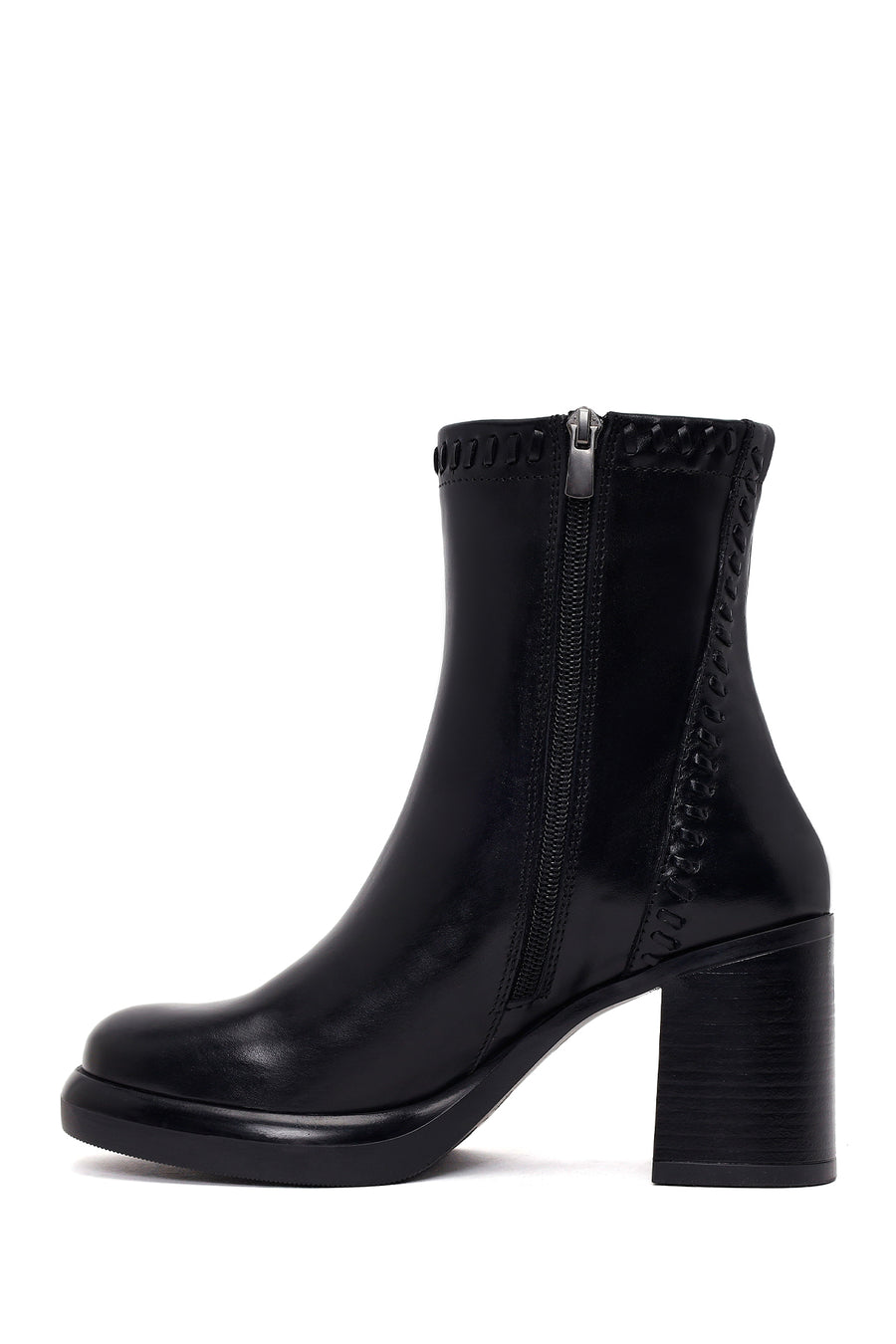 Woman Black Zip Closure Thick-Heeled Leather Boots