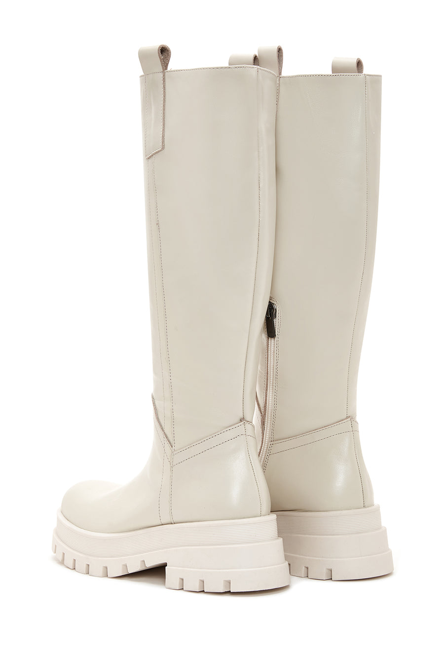 Women's Beige Leather Zippered Thick Soled Boots