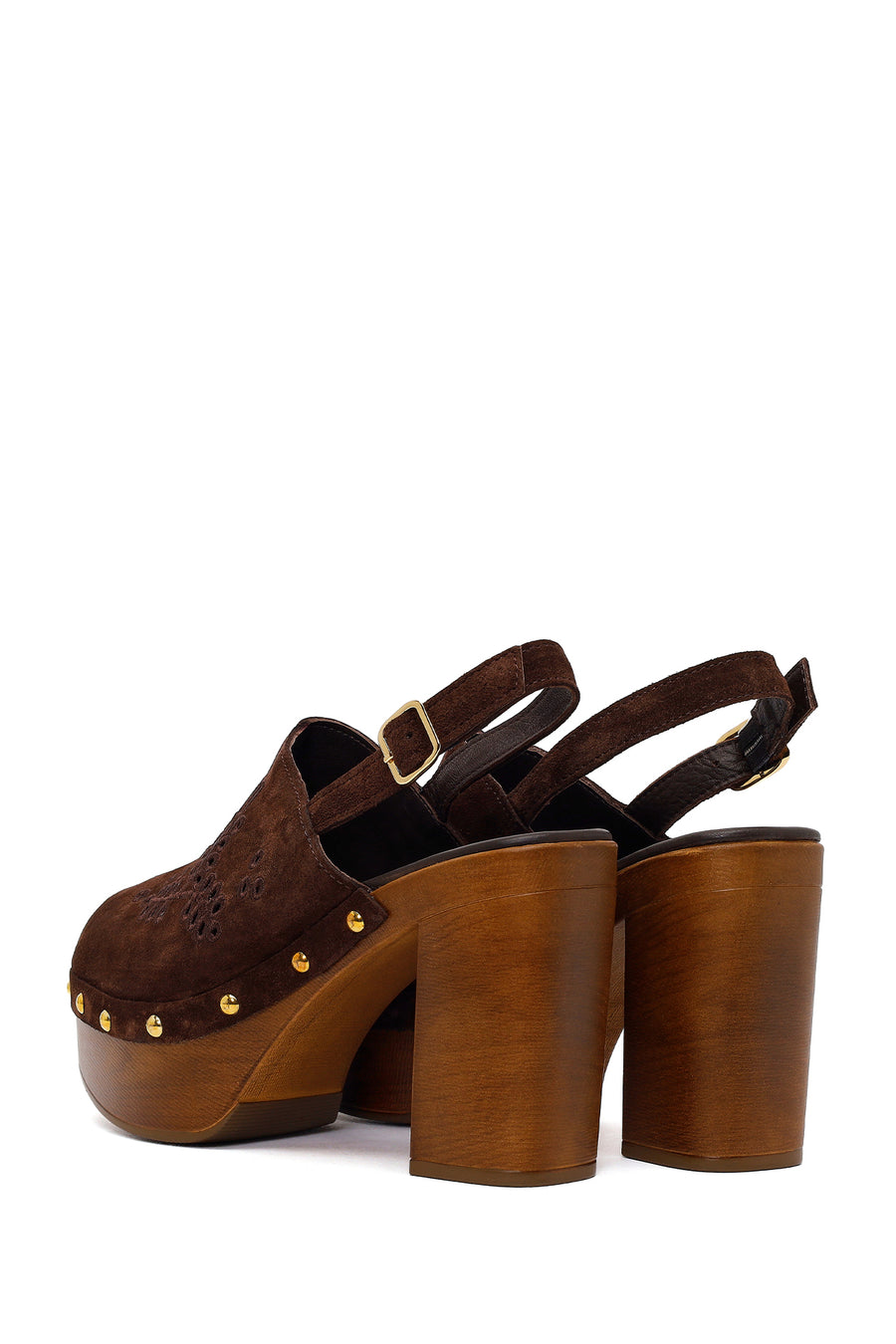Woman Brown Ankle-Buckle Platform High Thick-Heeled Suede Sandal