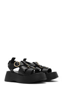 Women's Black Ankle Strap Thick Soled Leather Sandals | Derimod