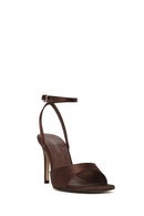 Women's Brown Ankle Buckle High Thin Heel Fabric Sandals | Derimod