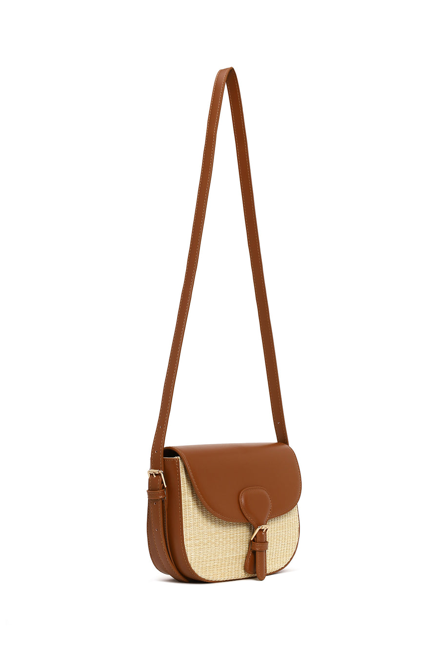 Woman Beige Long-Strap Wicker Crossbody Bag
