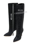Women's Black Leather Thin Heeled Stone Boots | Derimod