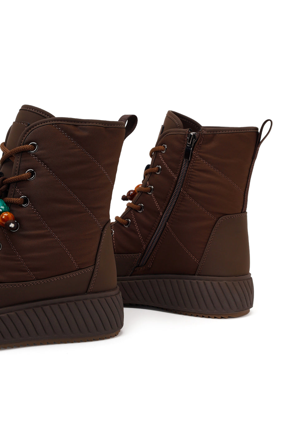 Woman Brown Zip Closure Thick-Soled Charmed Fabric Combat Boots