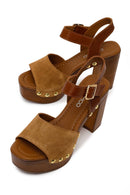 Woman Tan Ankle-Buckle Platform High Thick-Heeled Suede Sandal | Derimod
