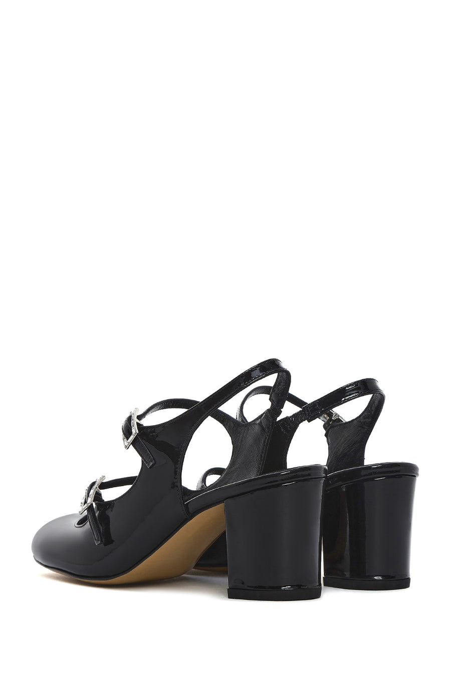 Women's Black Double Buckled Open Back Thick Heel Patent Leather Shoes