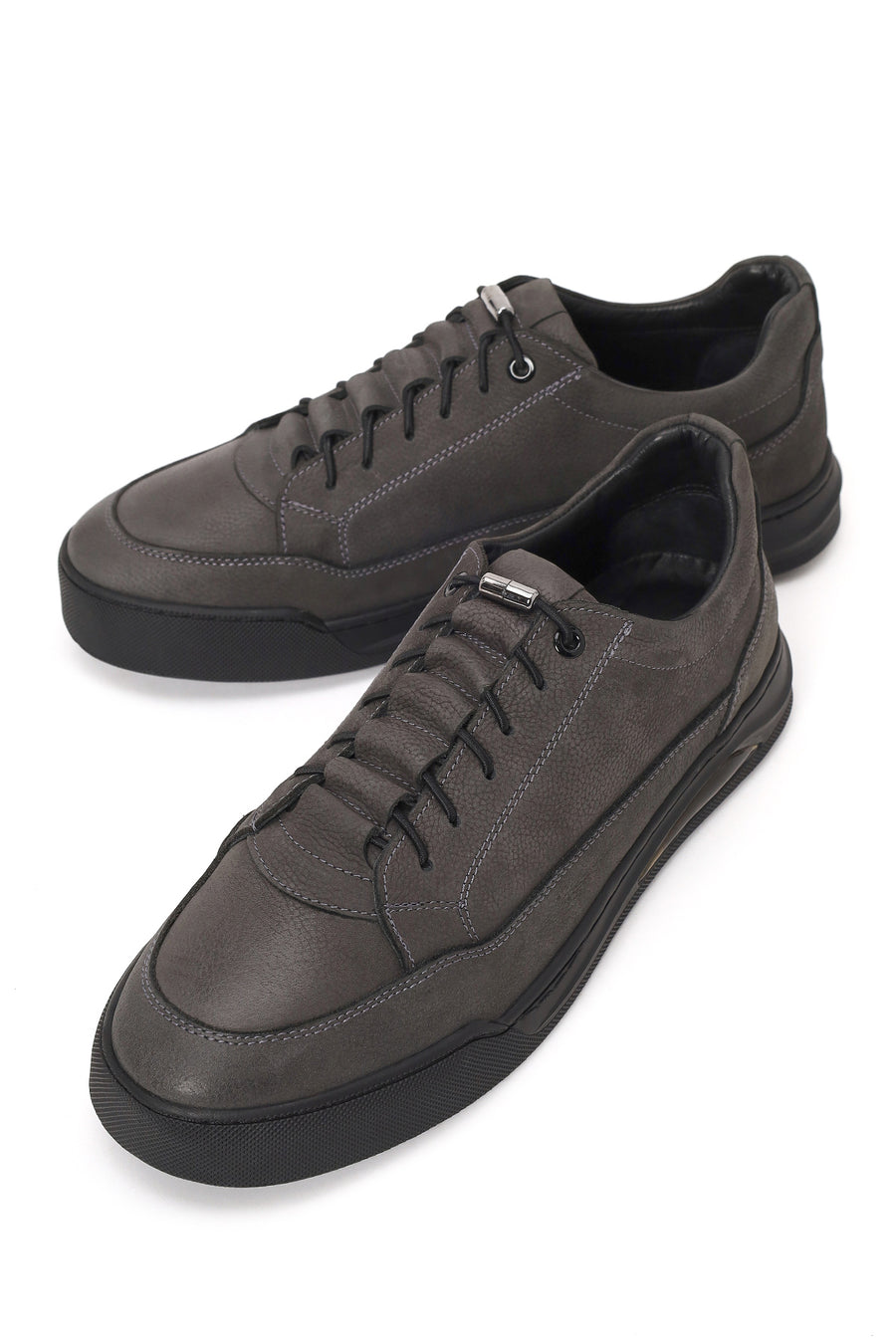 Erkek Gri Bağcıklı Kalın Tabanlı Nubuk Deri Casual Sneaker