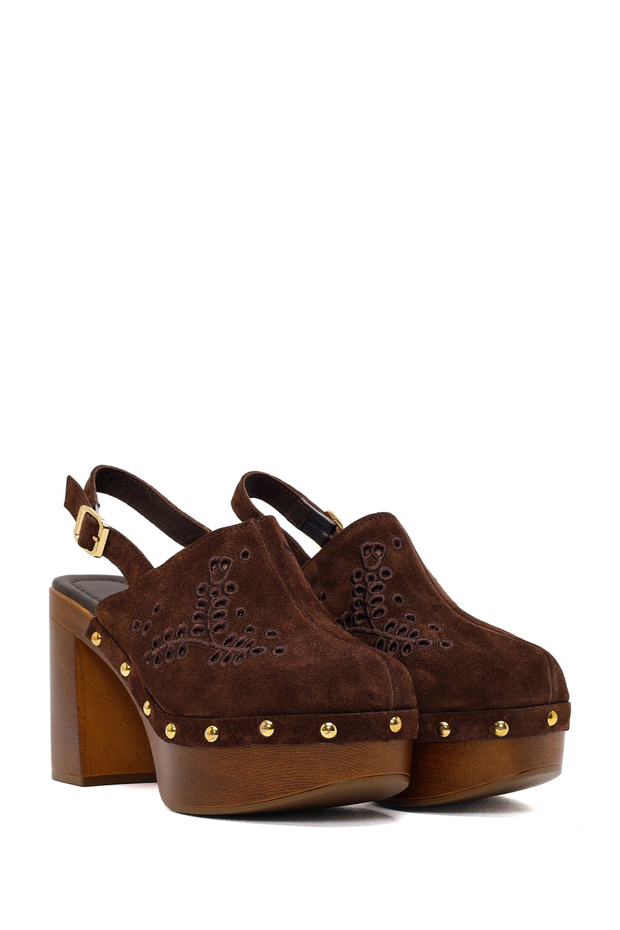 Woman Brown Ankle-Buckle Platform High Thick-Heeled Suede Sandal