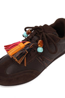 Woman Brown Lace-Up Leopard Leather Sneaker with Charm | Derimod