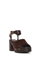 Woman Brown Ankle-Buckle Thick-Heel Suede Leather Sandals | Derimod