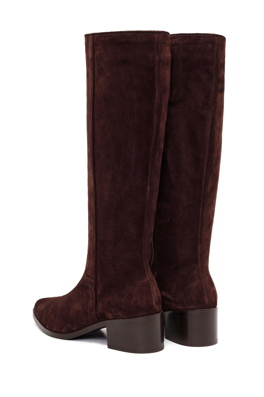 Woman Brown Thick Short-Heeled Zip Closure Suede Leather Boots