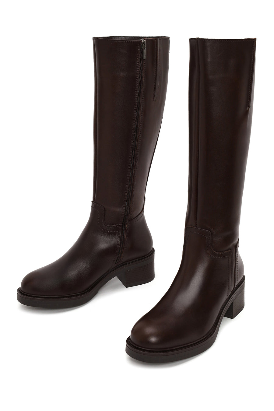 Woman Brown Zip Closure Thick-Heeled Leather Boots